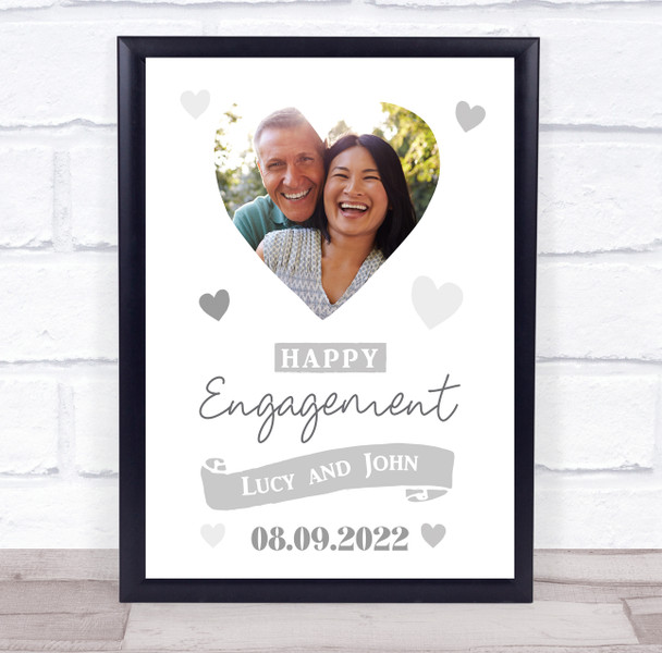 Happy Engagement Couple Special Date Heart Photo Silver Personalised Gift Print