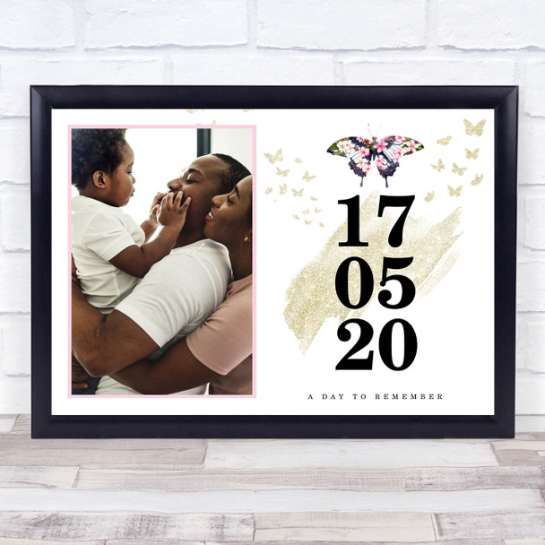 Special Date Event Photo Gold Shimmer Pink Flower Butterfly Personalised Print