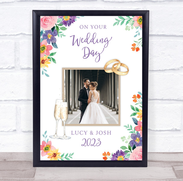 Wedding Bright Flowers Floral Flutes Rings Photo Personalised Gift Print