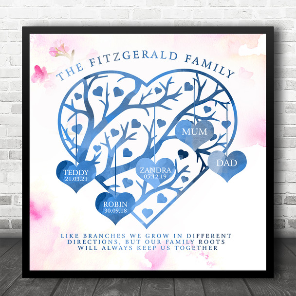 Family Branches Square Hearts Watercolour Blossom Personalised Gift Print