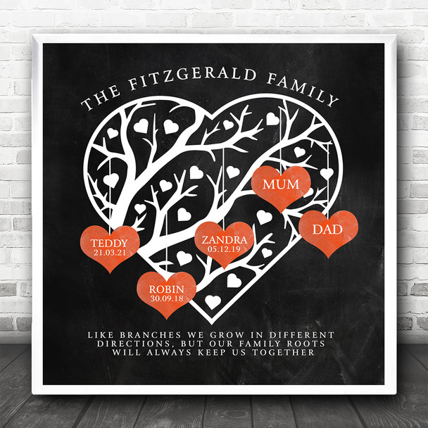 Family Branches Square In Red Hearts Chalk Effect Personalised Gift Print