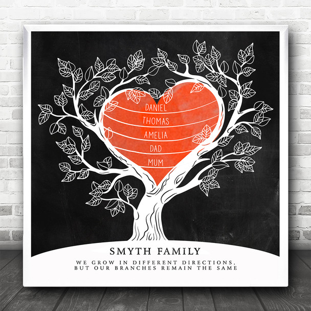 Family Tree Any Names Red Heart Love Chalk Square Personalised Gift Print