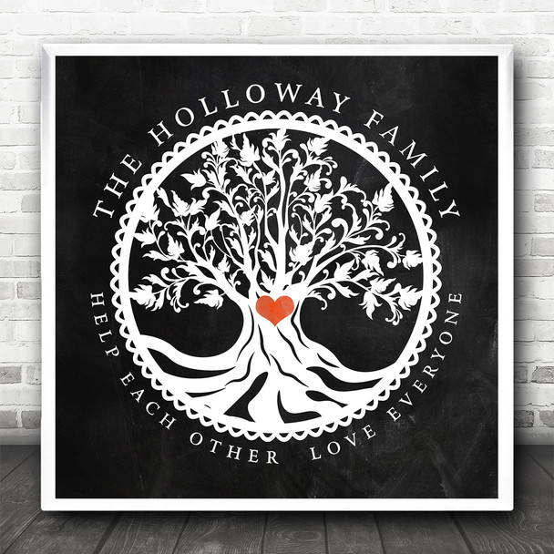 Family Tree Of Life Red Heart Chalk Square Effect Personalised Gift Print