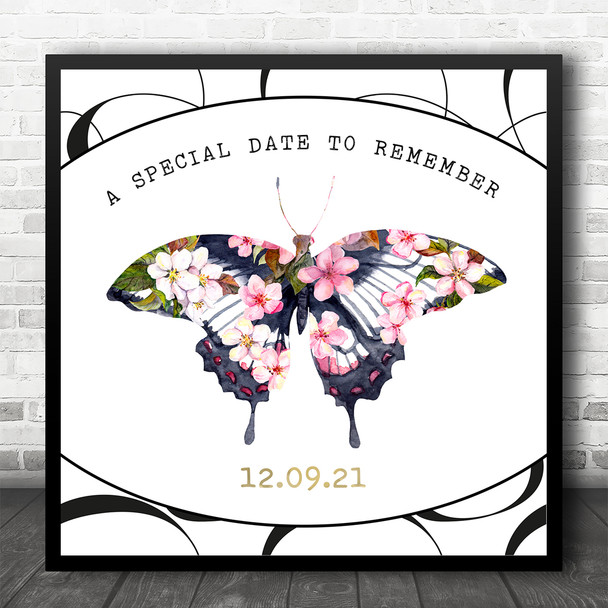 Floral Pink Navy Butterfly A Date To Remember Square Personalised Gift Print