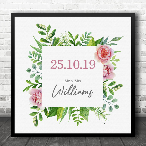 Square Anniversary Wedding Date Leaves Pink Roses Personalised Gift Print