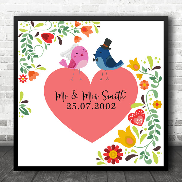 Square Red Heart Floral Bride & Groom Birds Wedding Personalised Gift Print