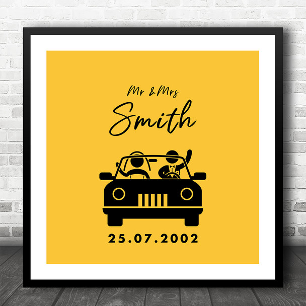 Square Wedding Car Symbol Anniversary Yellow Date Personalised Gift Print