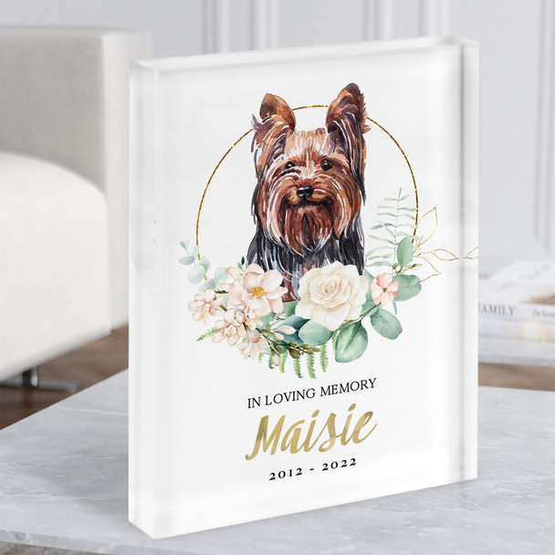 Yorkshire Terrier Pet Memorial Peach Gold Floral Wreath Gift Acrylic Block