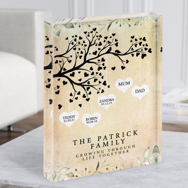 Family Tree Any Names In Hearts Vintage Foliage Personalised Gift Acrylic Block