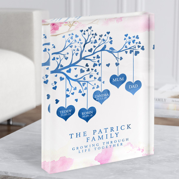 Family Tree Any Names In Hearts Watercolour Blossom Gift Acrylic Block