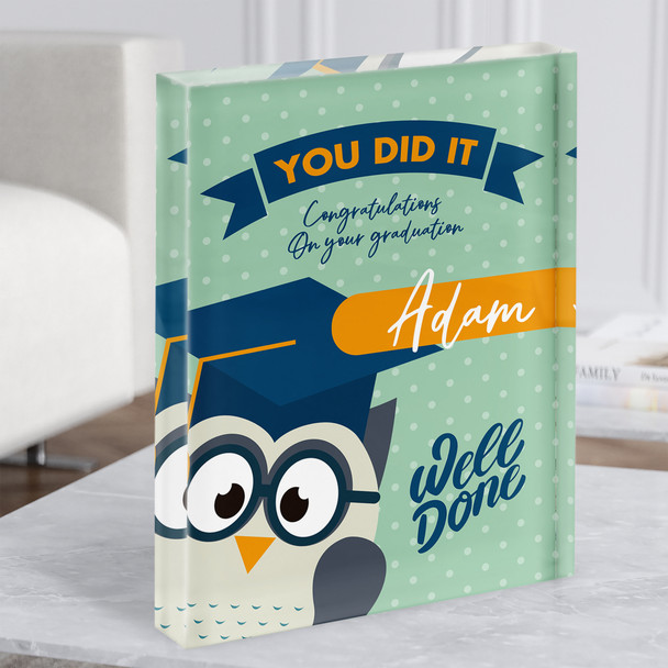 Graduation Owl Green Congratulations Well Done Name Gift Acrylic Block