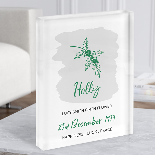 Holly Green December Flower Birthday Meaning Line Art Gift Acrylic Block