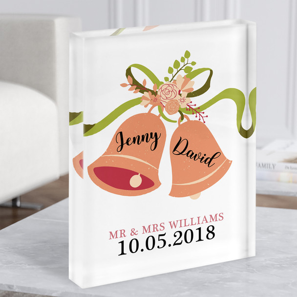 Peach Wedding Bells Floral Anniversary Wedding Date Gift Acrylic Block