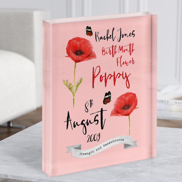 Poppy August Birthday Flower Watercolour Butterfly Red Gift Acrylic Block