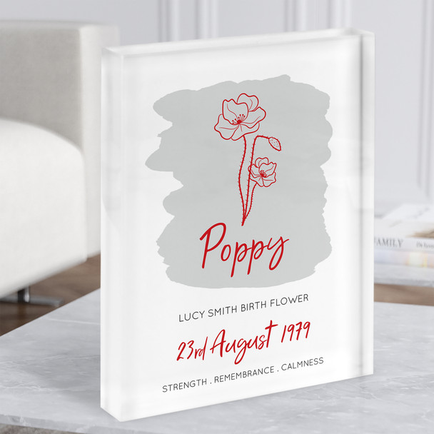 Poppy August Birthday Month Flower Red Line Art Wash Gift Acrylic Block