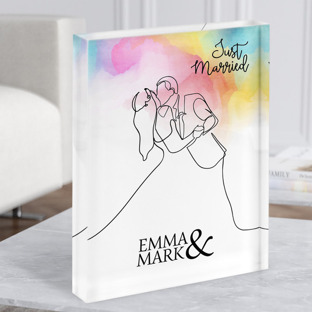 Rainbow Watercolour Wash Wedding Line Art Couple Personalised Gift Acrylic Block