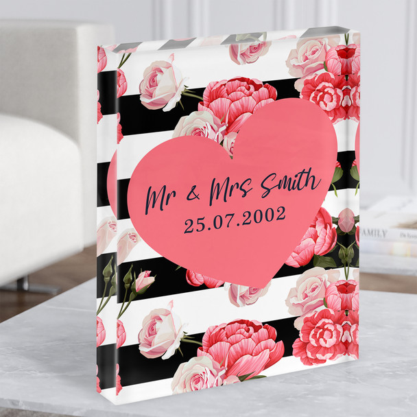 Red Pink Heart & Rose Stripes Anniversary Date Personalised Gift Acrylic Block