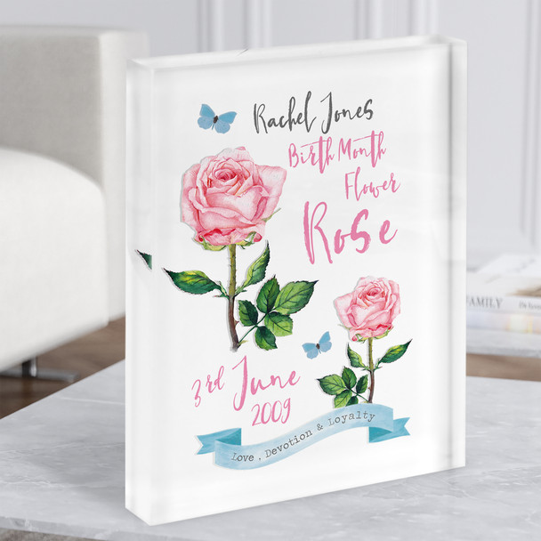 Summer Pink Rose June Birthday Month Flower Watercolour Gift Acrylic Block