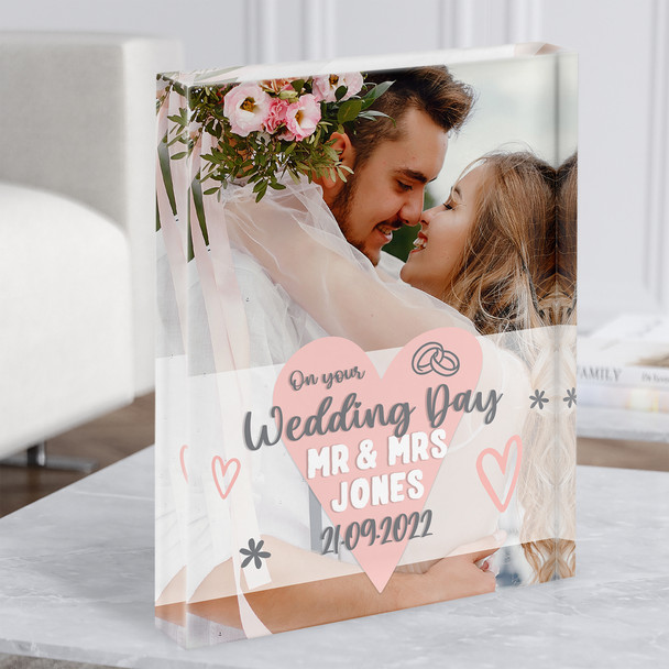 On your Wedding Day Photo Typographic Heart Banner Gift Acrylic Block