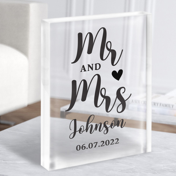 Mr and Mrs Wedding Special Details Typographic Black and White Gift Acrylic Block