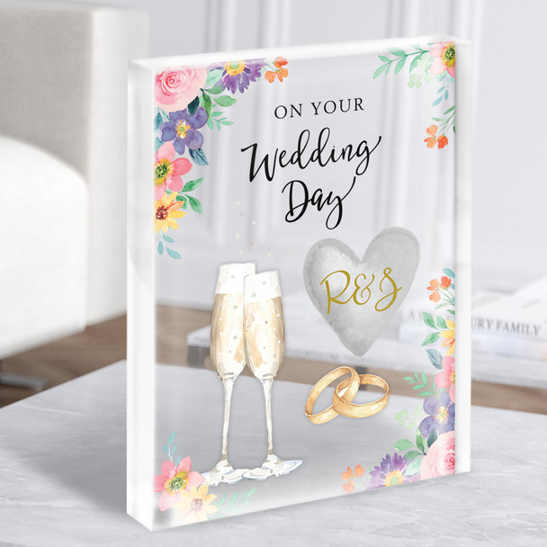 On your Wedding Day Flowers Floral Flutes Rings Married Gift Acrylic Block