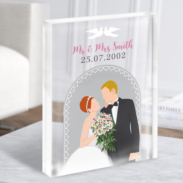 Orange Hair Bride & Blonde Hair Groom Anniversary Gift Acrylic Block