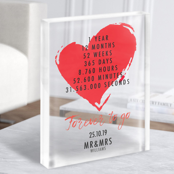 Red Heart Any Year Anniversary Wedding 1 Year Date Gift Acrylic Block