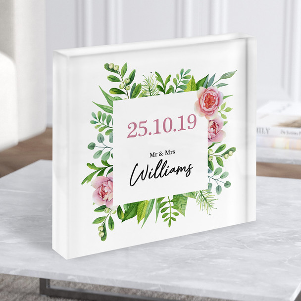 Square Anniversary Wedding Date Leaves Pink Roses Gift Acrylic Block
