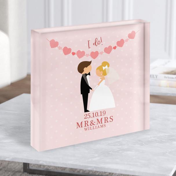 Square Blonde Hair Bride and Brown Hair Groom I Do Personalised Gift Acrylic Block