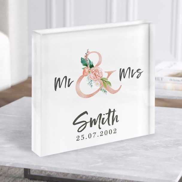 Square Floral Ampersand Anniversary Wedding Date Personalised Gift Acrylic Block