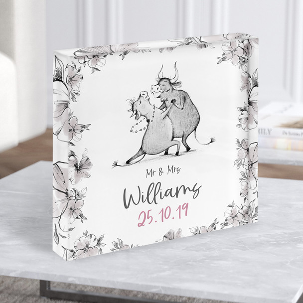 Square Pencil Dancing Bull & Cow Anniversary Date Gift Acrylic Block