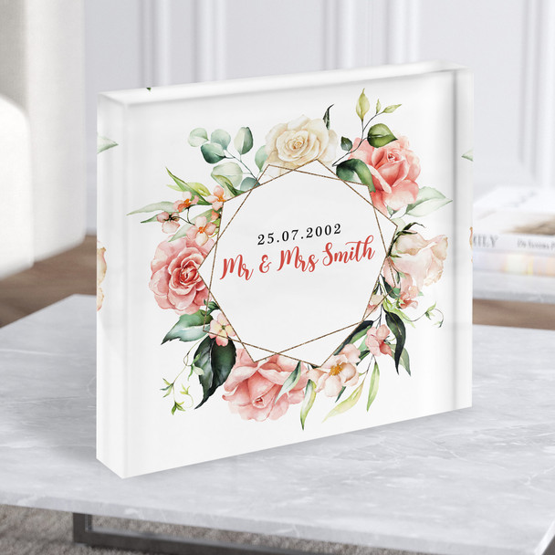 Square Pink Watercolour Floral Frame Anniversary Date Gift Acrylic Block