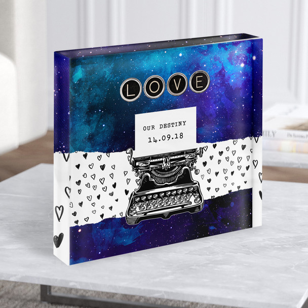 Typewriter Space Our Destiny Blue Purple Date Square Gift Acrylic Block