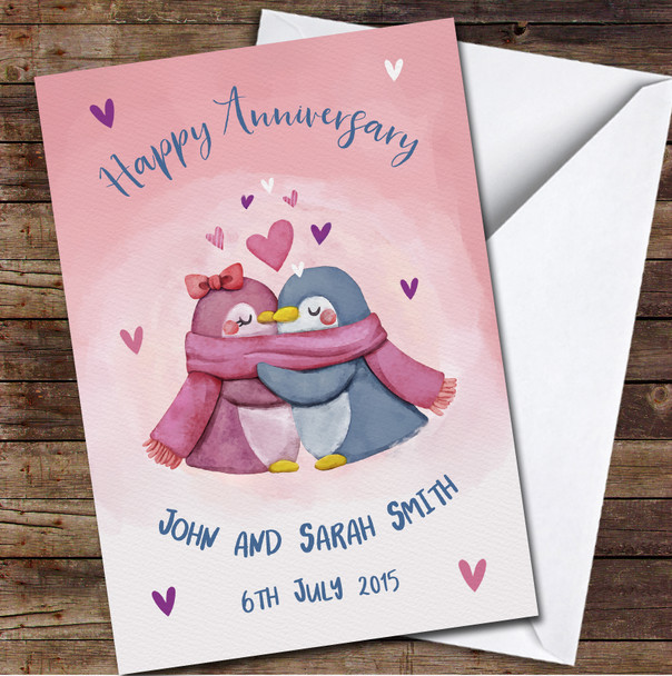 Happy Anniversary Cute Penguins Love Hearts Pink Names Date Personalised Card