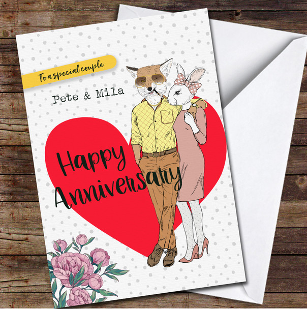 Cool Fox Special Couple Anniversary Names Heart Floral Personalised Card