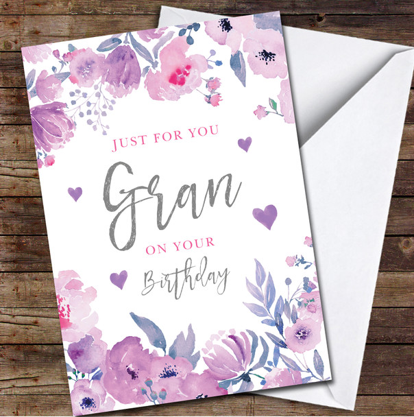 Grandma Birthday Just For You Flowers Pink Purple Floral Frame Personalised Card