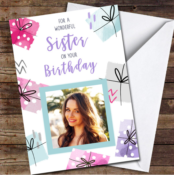 Sister Birthday Presents Gift Modern Pink Blue Hearts Photo Personalised Card