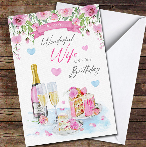 Wonderful Wife Birthday Painted Flower Cake Champagne Pink Personalised Card