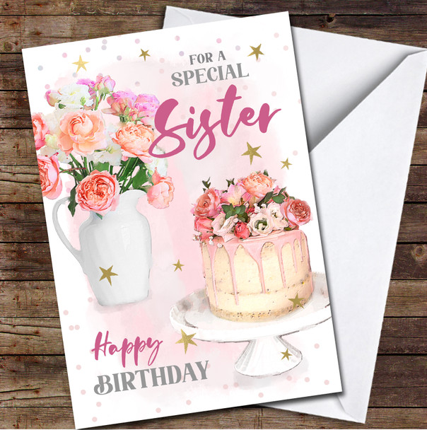 Sister Birthday Pretty Cake Flowers Gift Painted Delicate Personalised Card