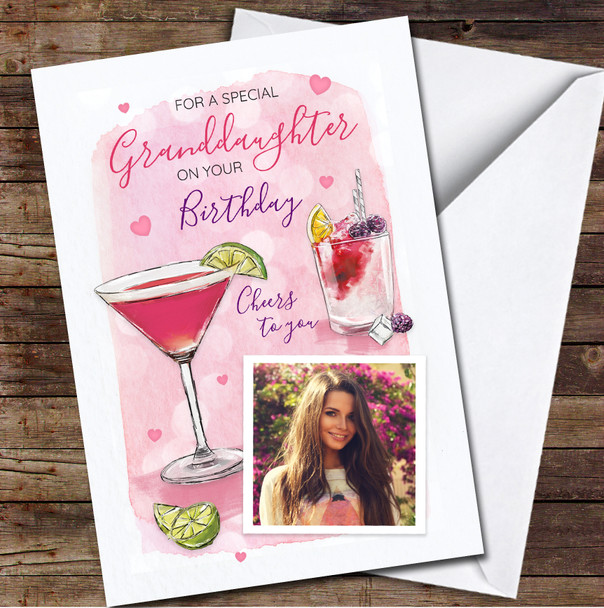 Granddaughter Birthday Cocktails Pink Pretty Cosmo Photo Personalised Card