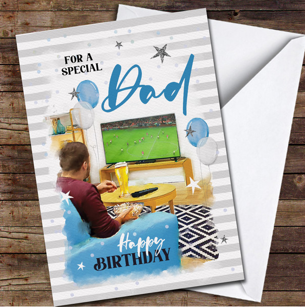 Dad Birthday Lounge Sofa Football Relax TV Painted Blue Personalised Card