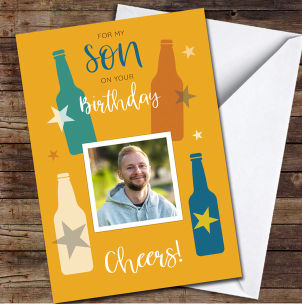 Son Birthday Cheers Beer Bottles Photo Orange Personalised Card