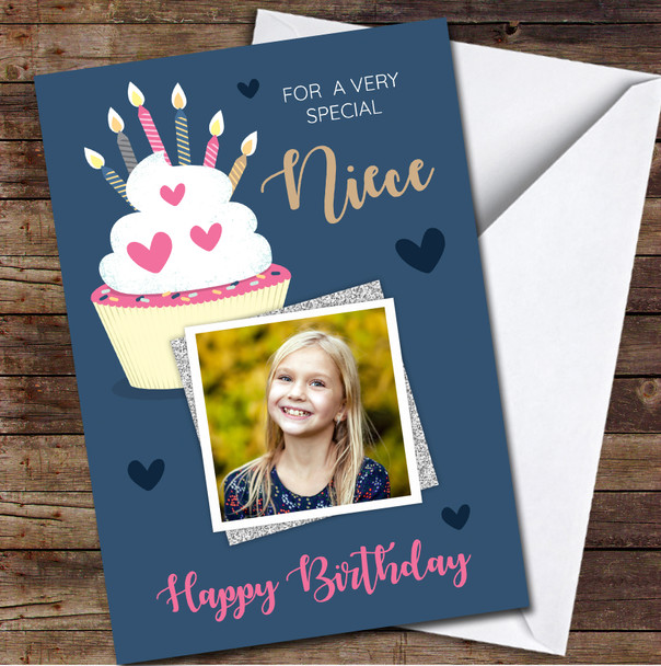 Special Niece Birthday Cupcake Photo Navy Blue Pink Personalised Card