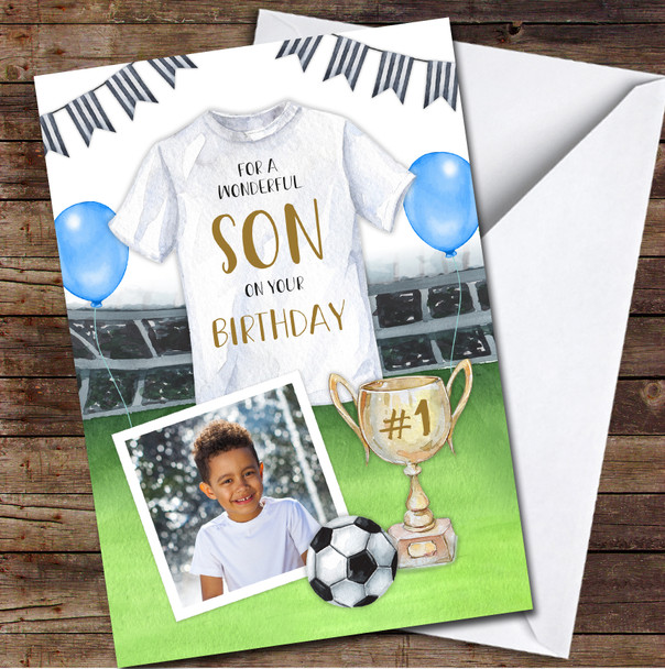 Son Birthday Football Photo Painted Trophy Balloon Personalised Card