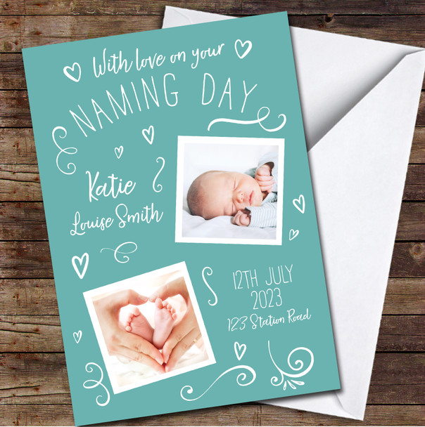 With Love Your Naming Day Turquoise Gender Neutral Baby Photo Personalised Card