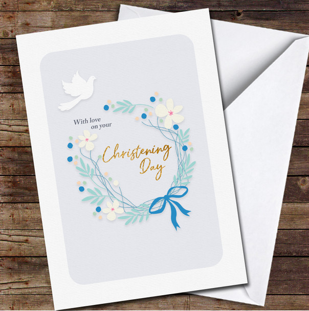 Blue Wreath White Dove With Love Christening Day Personalised Card