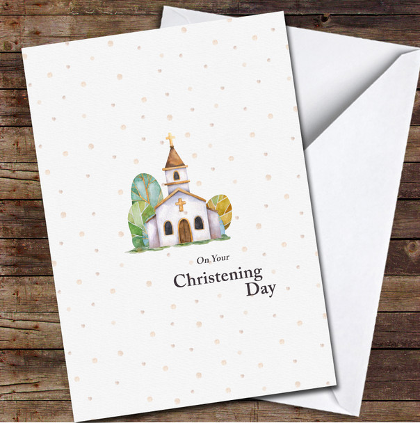 Watercolour Church Gold Polka Christening Day Personalised Card