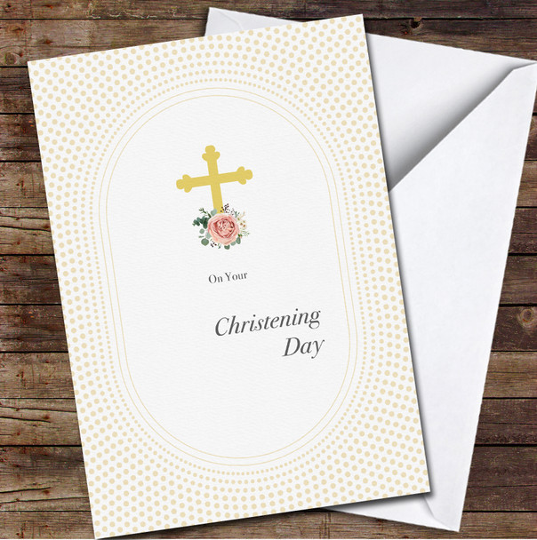 Golden Cross With Flower Christening Day Personalised Card