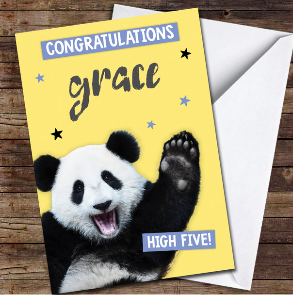 Panda High Five Congratulations Yellow Well Done Personalised Card