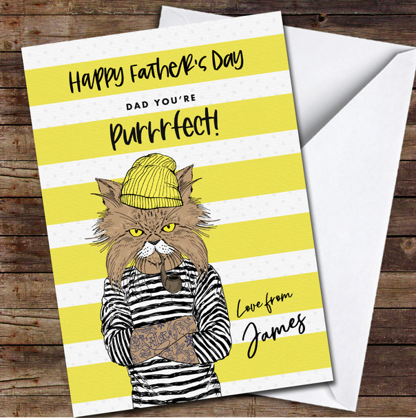 Hand Drawn Tattoo Cat Pipe Fathers Day Perfect Dad Name Personalised Card